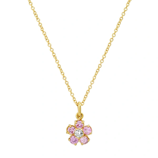 Pink Sapphire Flower Necklace with Diamond Center in 18K Yellow Gold