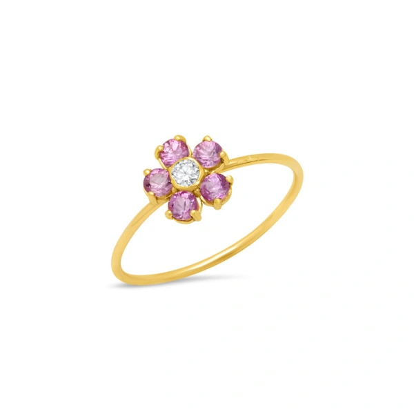 Pink Sapphire Flower Ring with Diamond Center in 18K Yellow Gold