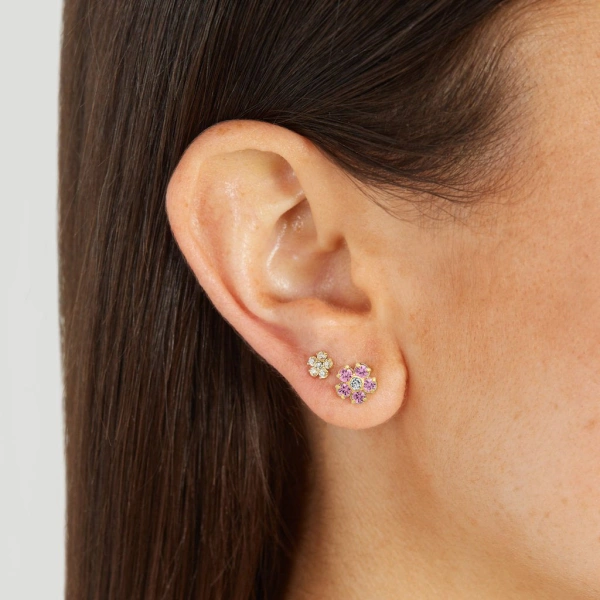 Jennifer Meyer Pink Sapphire Flower Studs with Diamond Center in 18K Yellow Gold | Fine Earrings | Coveti
