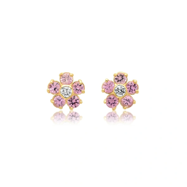 Jennifer Meyer Pink Sapphire Flower Studs with Diamond Center in 18K Yellow Gold | Fine Earrings | Coveti