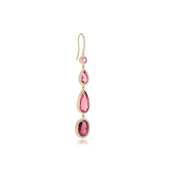 Jennifer Meyer Pink Tourmaline and Rubellite Mosaic Drop Earrings in 18K Yellow Gold | Fine Earrings | Coveti
