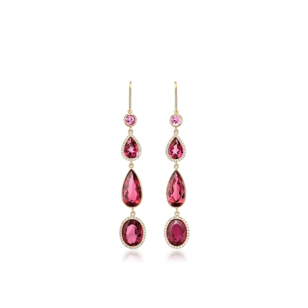 Jennifer Meyer Pink Tourmaline and Rubellite Mosaic Drop Earrings in 18K Yellow Gold | Fine Earrings | Coveti