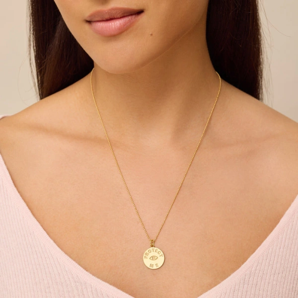 Jennifer Meyer Protect Me & Evil Eye Sentiment Pendant Necklace in 18K Yellow Gold | Fine Necklaces | Coveti