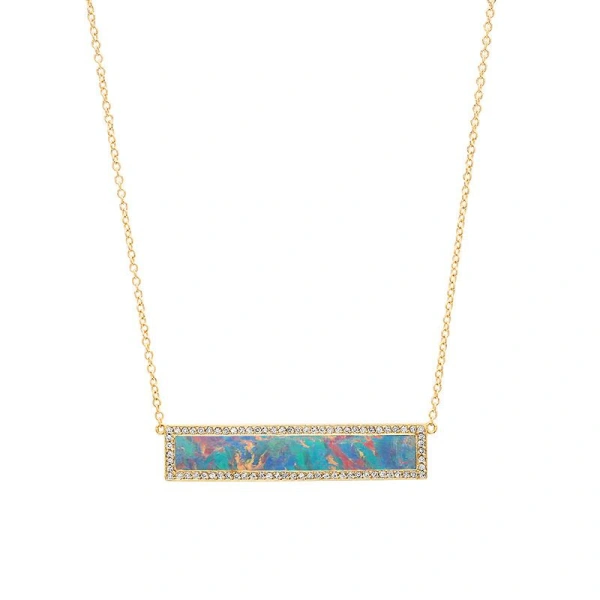 Jennifer Meyer Red Boulder Opal Inlay Bar Necklace with Diamonds in 18K Yellow Gold | Fine Necklaces | Coveti