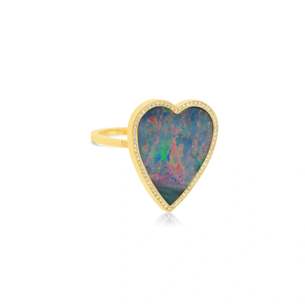 Jennifer Meyer Red Boulder Opal Inlay Heart Ring with Diamonds in 18K Yellow Gold | Fine Rings | Coveti