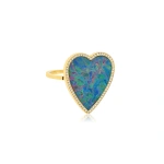 Jennifer Meyer Red Boulder Opal Inlay Heart Ring with Diamonds in 18K Yellow Gold | Fine Rings | Coveti