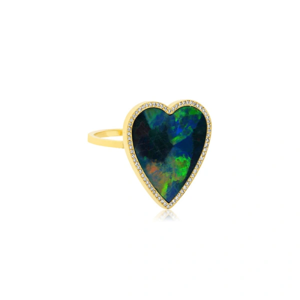 Jennifer Meyer Red Boulder Opal Inlay Heart Ring with Diamonds in 18K Yellow Gold | Fine Rings | Coveti