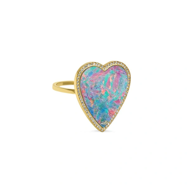 Jennifer Meyer Red Boulder Opal Inlay Heart Ring with Diamonds in 18K Yellow Gold | Fine Rings | Coveti