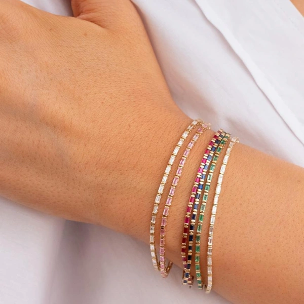 Jennifer Meyer Ruby Baguette Tennis Bracelet in 18K Yellow Gold | Fine Bracelets | Coveti