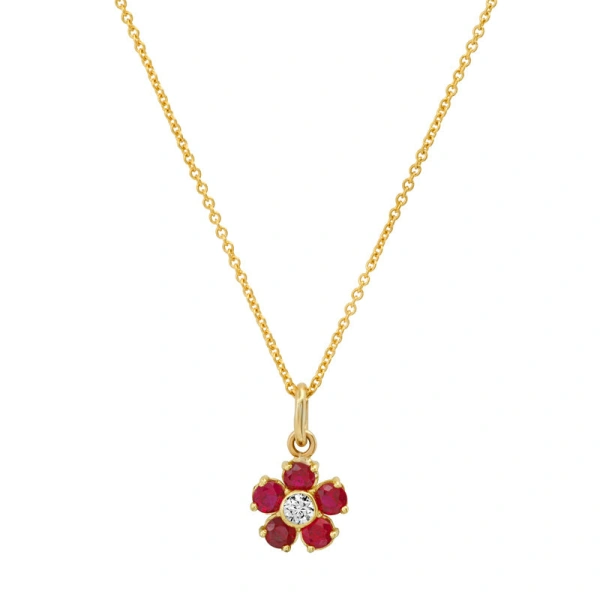 Ruby Flower Necklace with Diamond Center in 18K Yellow Gold
