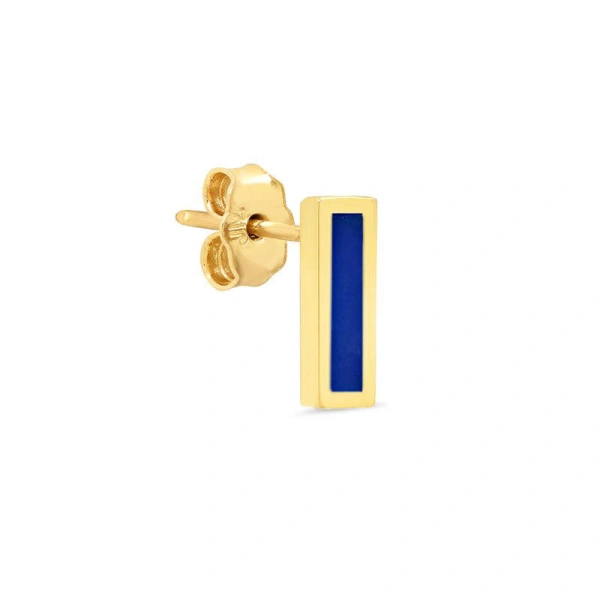Jennifer Meyer Single Lapis Inlay Bar Stud in 18K Yellow Gold | Fine Earrings | Coveti