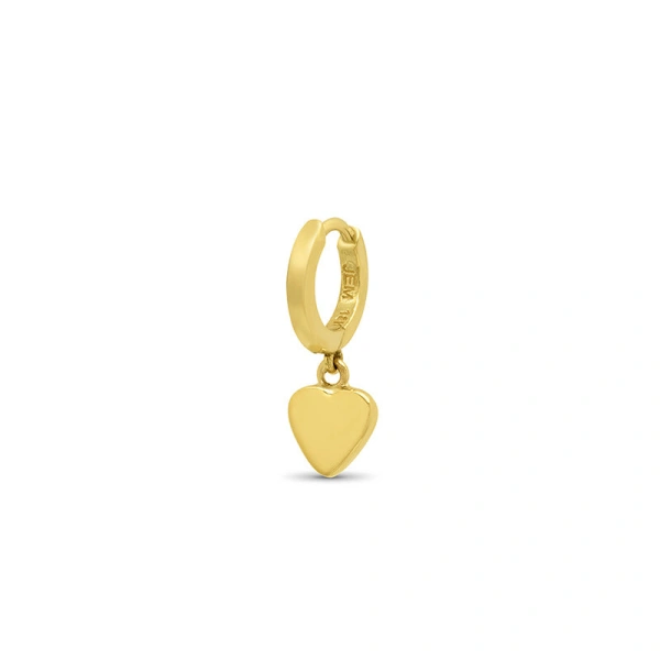 Jennifer Meyer Single Mini Huggie with Heart Drop in 18K Yellow Gold, Single Earring | Fine Earrings | Coveti