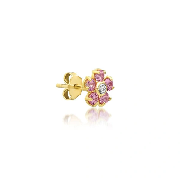 Jennifer Meyer Single Mini Pink Sapphire Flower Studs with Diamond Center in 18K Yellow Gold, Single Earring | Fine Earrings | Coveti