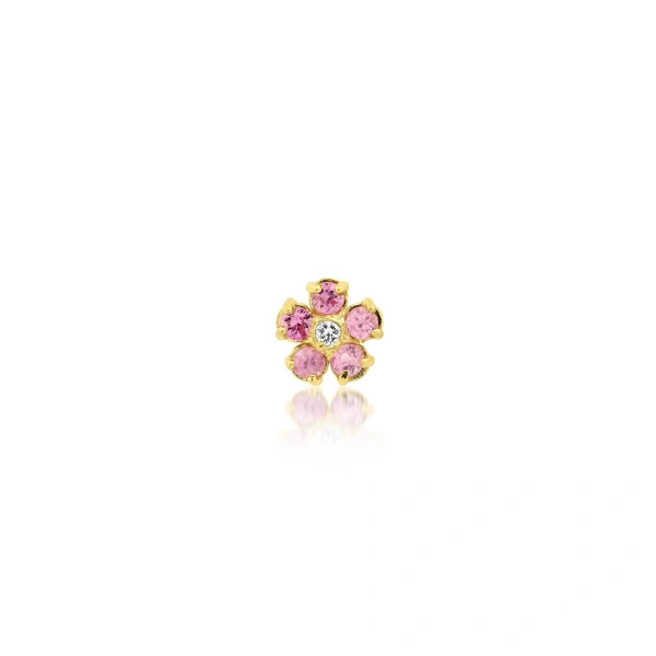 Jennifer Meyer Single Mini Pink Sapphire Flower Studs with Diamond Center in 18K Yellow Gold, Single Earring | Fine Earrings | Coveti