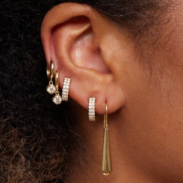 Jennifer Meyer Single Small Huggie with Small Illusion Set Diamond Drop in 18K Yellow Gold, Single Earring | Fine Earrings | Coveti