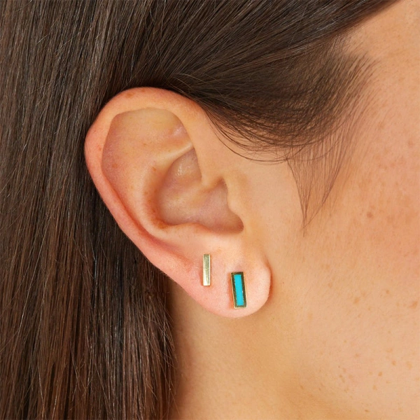 Jennifer Meyer Single Turquoise Inlay Bar Stud in 18K Yellow Gold | Fine Earrings | Coveti