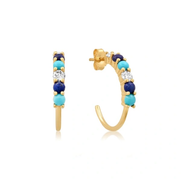 Jennifer Meyer Small 4 Prong Diamond Lapis and Turquoise Hoops in 18K Yellow Gold | Fine Earrings | Coveti