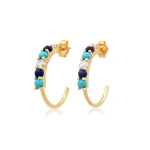 Jennifer Meyer Small 4 Prong Diamond Lapis and Turquoise Hoops in 18K Yellow Gold | Fine Earrings | Coveti