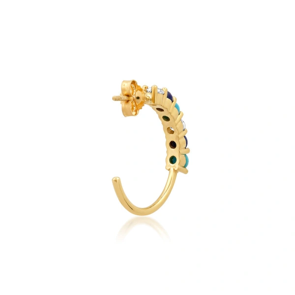 Jennifer Meyer Small 4 Prong Diamond Lapis and Turquoise Hoops in 18K Yellow Gold | Fine Earrings | Coveti