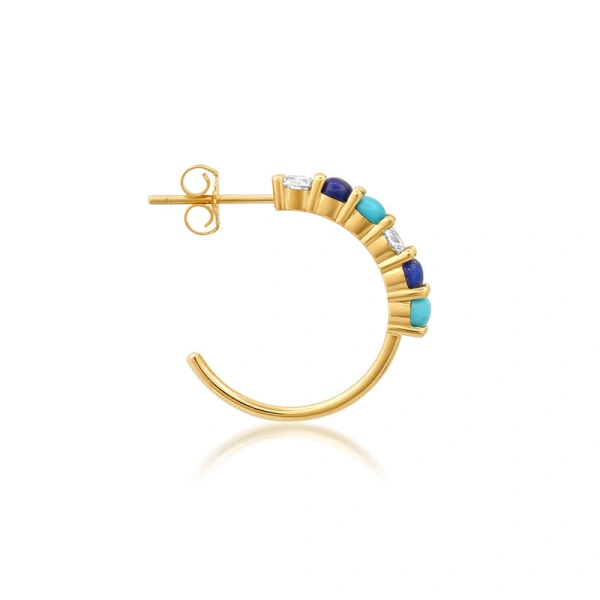 Jennifer Meyer Small 4 Prong Diamond Lapis and Turquoise Hoops in 18K Yellow Gold | Fine Earrings | Coveti