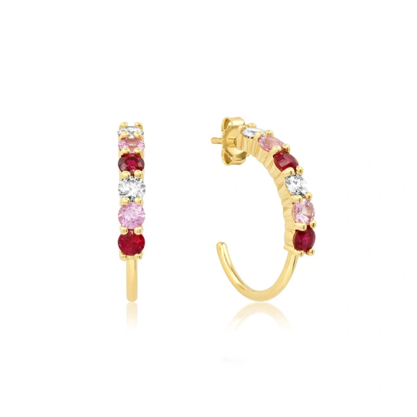 Jennifer Meyer Small 4 Prong Diamond, Pink Sapphire, and Ruby Hoops in 18K Yellow Gold | Fine Earrings | Coveti
