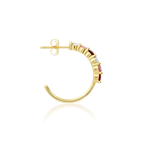 Jennifer Meyer Small 4 Prong Diamond, Pink Sapphire, and Ruby Hoops in 18K Yellow Gold | Fine Earrings | Coveti