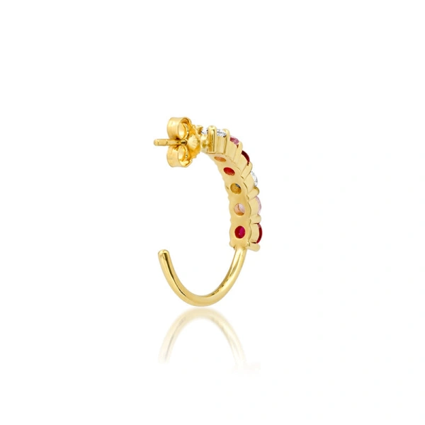 Jennifer Meyer Small 4 Prong Diamond, Pink Sapphire, and Ruby Hoops in 18K Yellow Gold | Fine Earrings | Coveti