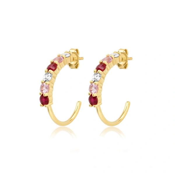 Jennifer Meyer Small 4 Prong Diamond, Pink Sapphire, and Ruby Hoops in 18K Yellow Gold | Fine Earrings | Coveti