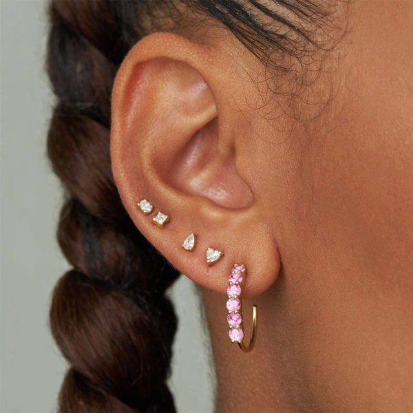 Jennifer Meyer Small 4 Prong Pink Sapphire Hoops in 18K Yellow Gold | Fine Earrings | Coveti