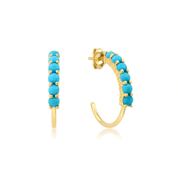 Jennifer Meyer Small 4 Prong Turquoise Hoops in 18K Yellow Gold | Fine Earrings | Coveti