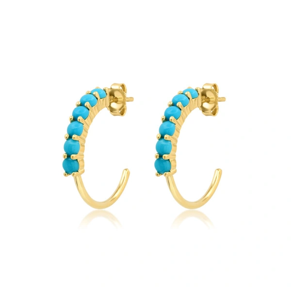 Jennifer Meyer Small 4 Prong Turquoise Hoops in 18K Yellow Gold | Fine Earrings | Coveti