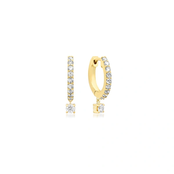Jennifer Meyer Small Diamond Huggies with 4 Prong Set Diamond Drop in 18K Yellow Gold | Fine Earrings | Coveti