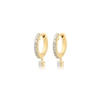 Jennifer Meyer Small Diamond Huggies with 4 Prong Set Diamond Drop in 18K Yellow Gold | Fine Earrings | Coveti