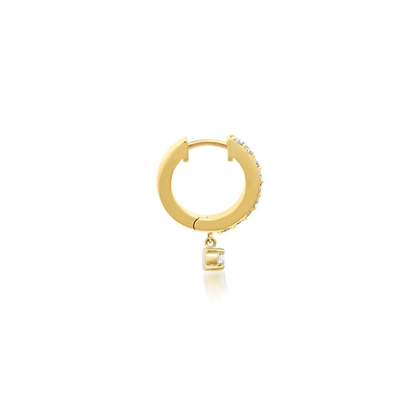 Jennifer Meyer Small Diamond Huggies with 4 Prong Set Diamond Drop in 18K Yellow Gold | Fine Earrings | Coveti