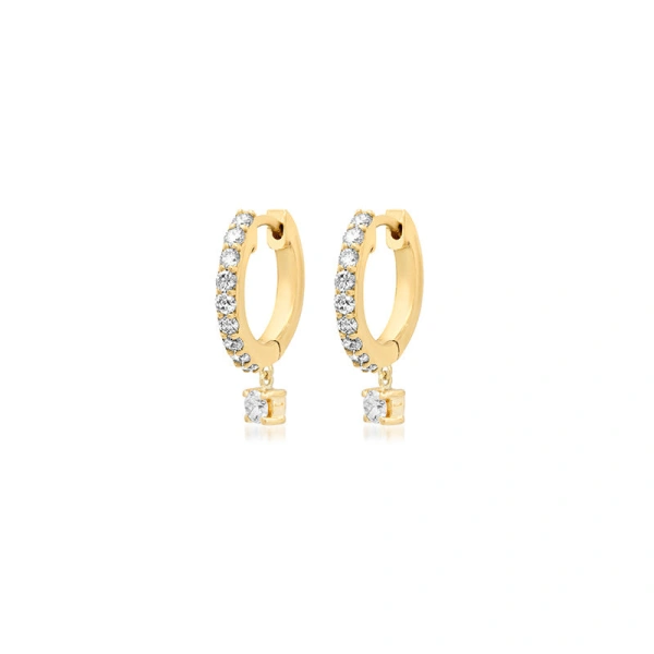 Jennifer Meyer Small Diamond Huggies with 4 Prong Set Diamond Drop in 18K Yellow Gold | Fine Earrings | Coveti