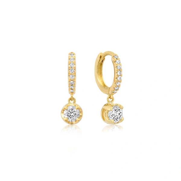 Jennifer Meyer Small Diamond Huggies with Small Illusion Set Diamond Drop in 18K Yellow Gold | Fine Earrings | Coveti