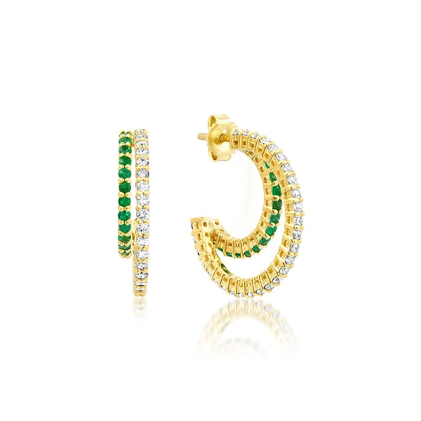 Jennifer Meyer Small Double 4 Prong Diamond and Emerald Hoops in 18K Yellow Gold | Fine Earrings | Coveti