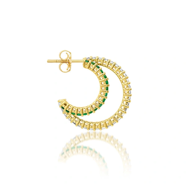 Jennifer Meyer Small Double 4 Prong Diamond and Emerald Hoops in 18K Yellow Gold | Fine Earrings | Coveti
