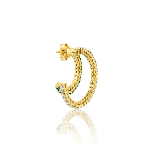 Jennifer Meyer Small Double 4 Prong Diamond and Emerald Hoops in 18K Yellow Gold | Fine Earrings | Coveti