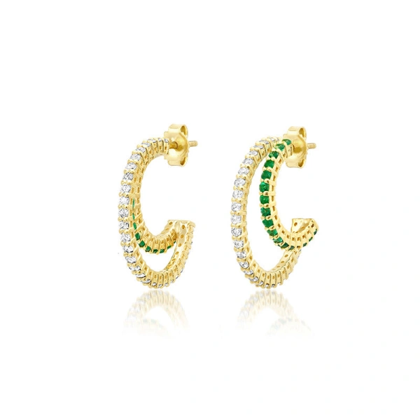 Jennifer Meyer Small Double 4 Prong Diamond and Emerald Hoops in 18K Yellow Gold | Fine Earrings | Coveti