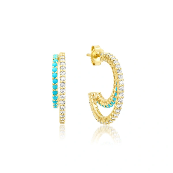 Jennifer Meyer Small Double 4 Prong Diamond and Turquoise Hoops in 18K Yellow Gold | Fine Earrings | Coveti