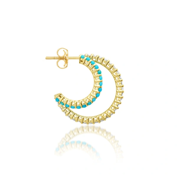 Jennifer Meyer Small Double 4 Prong Diamond and Turquoise Hoops in 18K Yellow Gold | Fine Earrings | Coveti