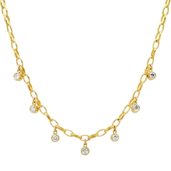 Jennifer Meyer Small Edith Link Necklace with 7 Diamond Bezel Dangle in 18K Yellow Gold | Fine Necklaces | Coveti