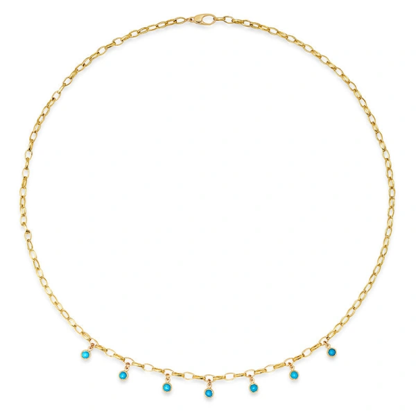 Jennifer Meyer Small Edith Link Necklace with 7 Turquoise Bezel Dangle in 18K Yellow Gold | Fine Necklaces | Coveti