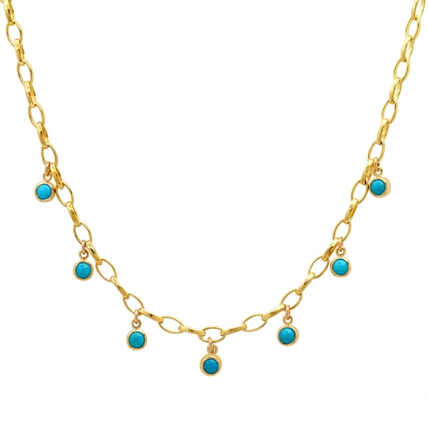 Jennifer Meyer Small Edith Link Necklace with 7 Turquoise Bezel Dangle in 18K Yellow Gold | Fine Necklaces | Coveti