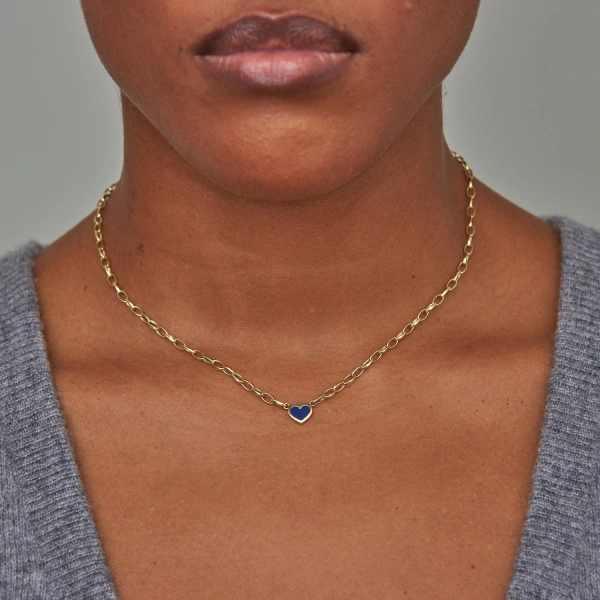 Jennifer Meyer Small Edith Link Necklace with Lapis Inlay Heart in 18K Yellow Gold | Fine Necklaces | Coveti