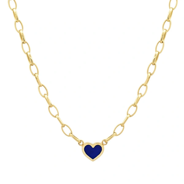 Jennifer Meyer Small Edith Link Necklace with Lapis Inlay Heart in 18K Yellow Gold | Fine Necklaces | Coveti