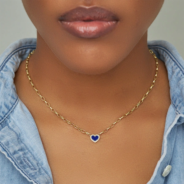 Jennifer Meyer Small Edith Link Necklace with Lapis Inlay Heart with Diamonds in 18K Yellow Gold | Fine Necklaces | Coveti