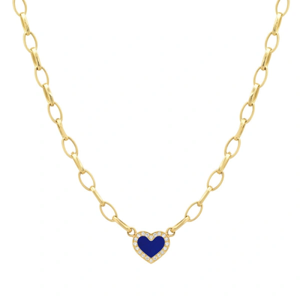 Small Edith Link Necklace with Lapis Inlay Heart with Diamonds in 18K Yellow Gold