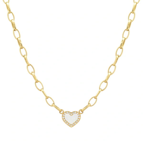 Jennifer Meyer Small Edith Link Necklace with Mother of Pearl Inlay Heart with Diamonds in 18K Yellow Gold | Fine Necklaces | Coveti